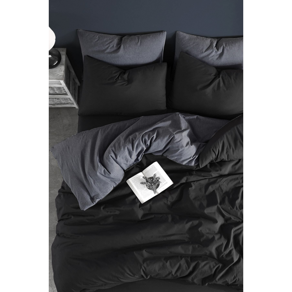 Lastikli Çarşaflı Çift Kişilik Nevresim Takımı | Antrasit Siyah | Pamuklu | Tam Takım