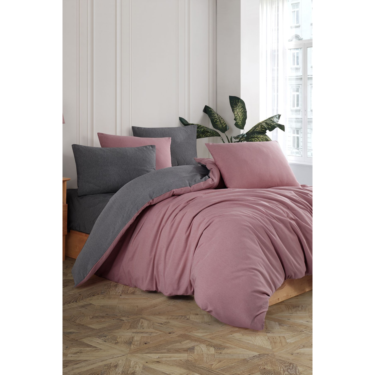 Lastikli Çarşaflı Çift Kişilik Nevresim Takımı | Mürdüm Antrasit |