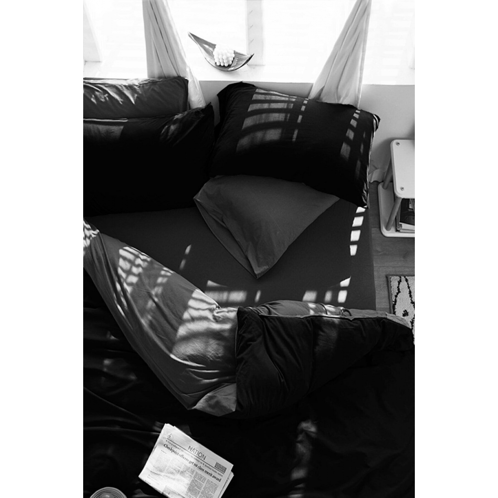 Lastikli Çarşaflı Nevresim Takımı Çift Kişilik Gri-siyah Blackgrey