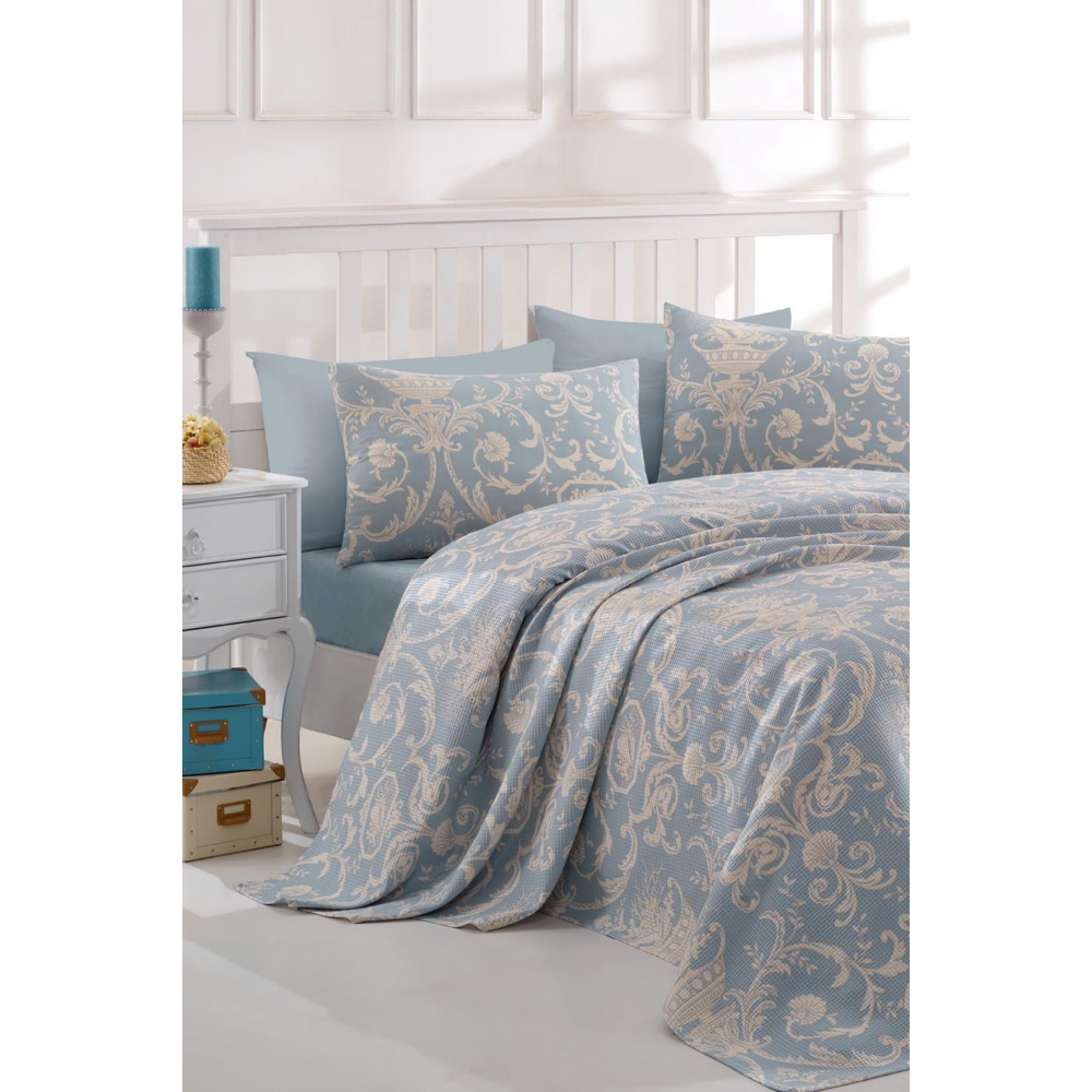 Baskılı Pike Takımı Çift Kişilik Tuval Mavi