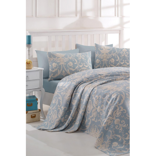 Baskılı Pike Takımı Çift Kişilik Tuval Mavi