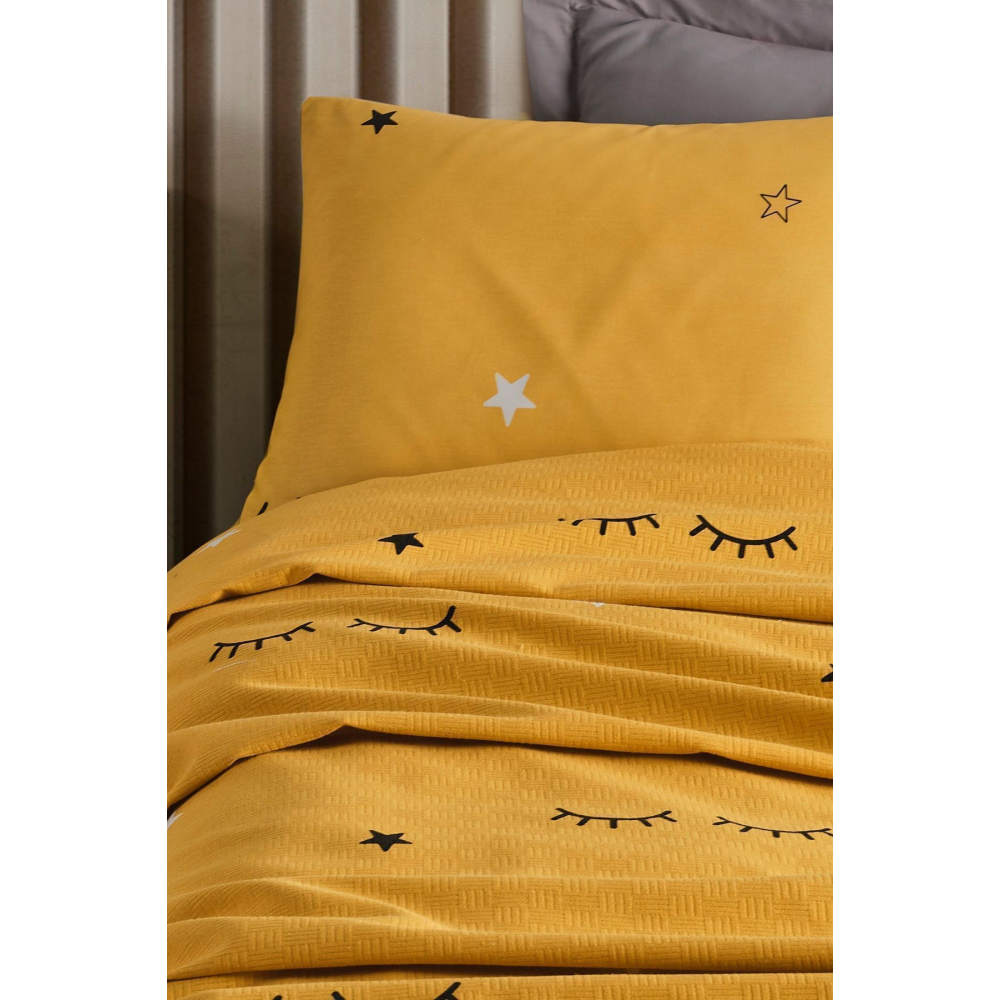 Baskılı Pike Takımı Tek Kişilik Dide Sarı