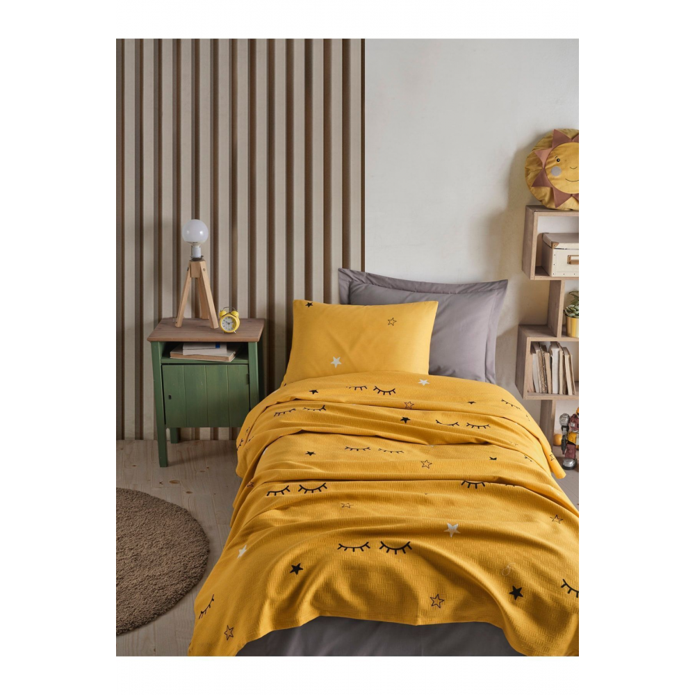 Baskılı Pike Takımı Tek Kişilik Dide Sarı