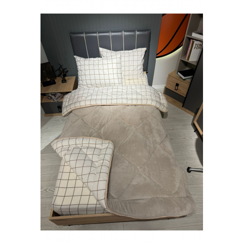 Tek Kişilik Welsoft Pufidik Uyku Seti (Lastikli Çarşaflı) Krem Kare