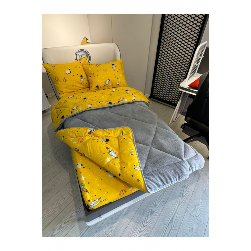 Tek Kişilik Welsoft Pufidik Uyku Seti (Lastikli Çarşaflı) Uzay Sarı