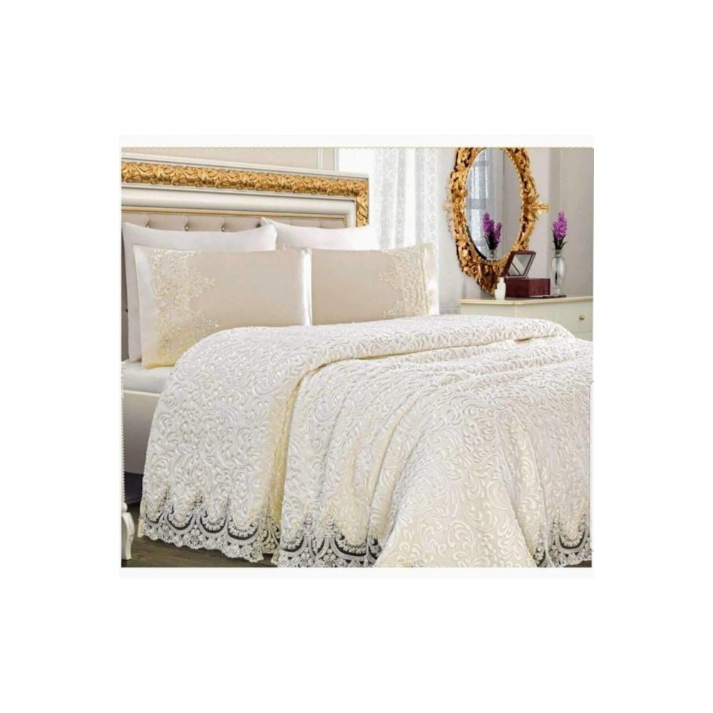 Krem Çift Kişilik Fransız Güpürlü Battaniye Seti, Yatak Örtüsü Seti
