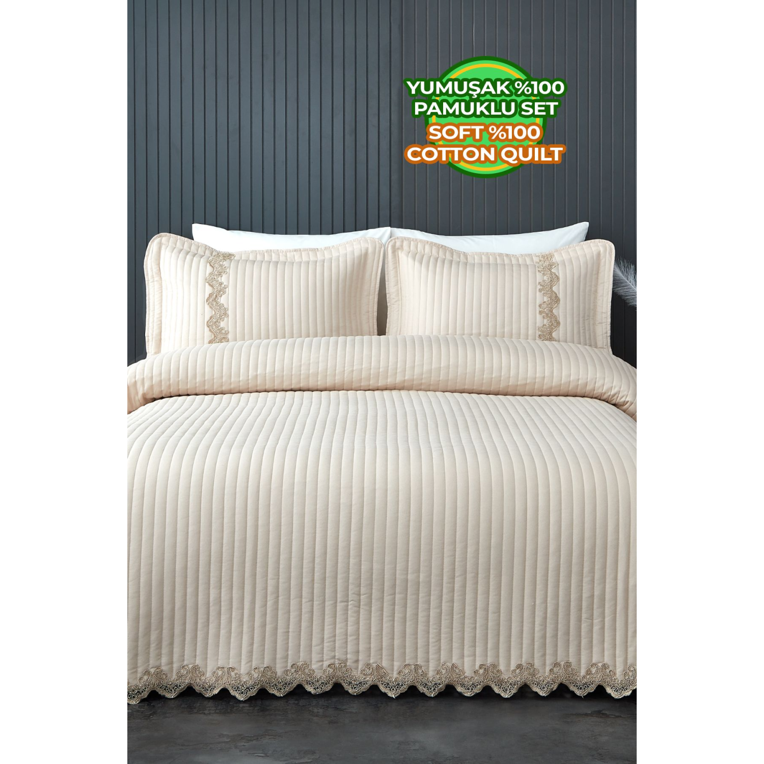 Mihrimah Dantelli Çift Kişilik Battal %100 Pamuk Yatak Örtüsü ( Pike ) Takımı Yıkanabilir Capp/bej