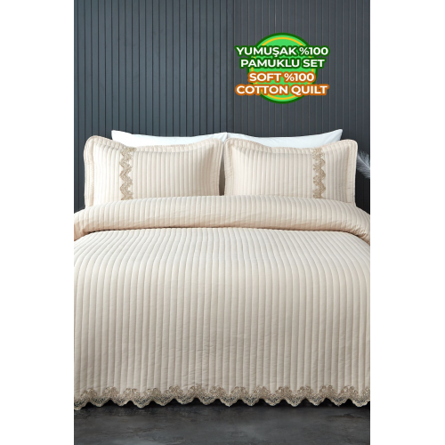 Mihrimah Dantelli Çift Kişilik Battal %100 Pamuk Yatak Örtüsü ( Pike ) Takımı Yıkanabilir Capp/bej