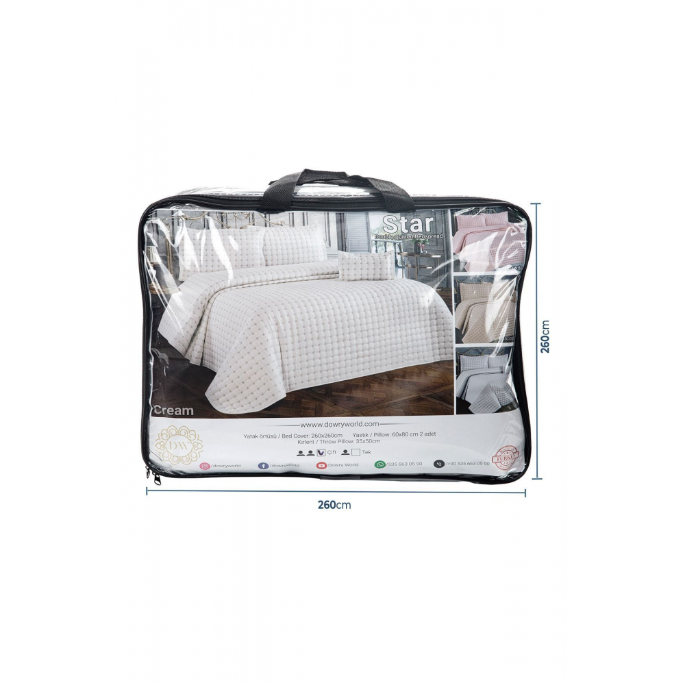 Yıldız Çift Kişilik Kapitoneli Yatak Örtüsü Krem
