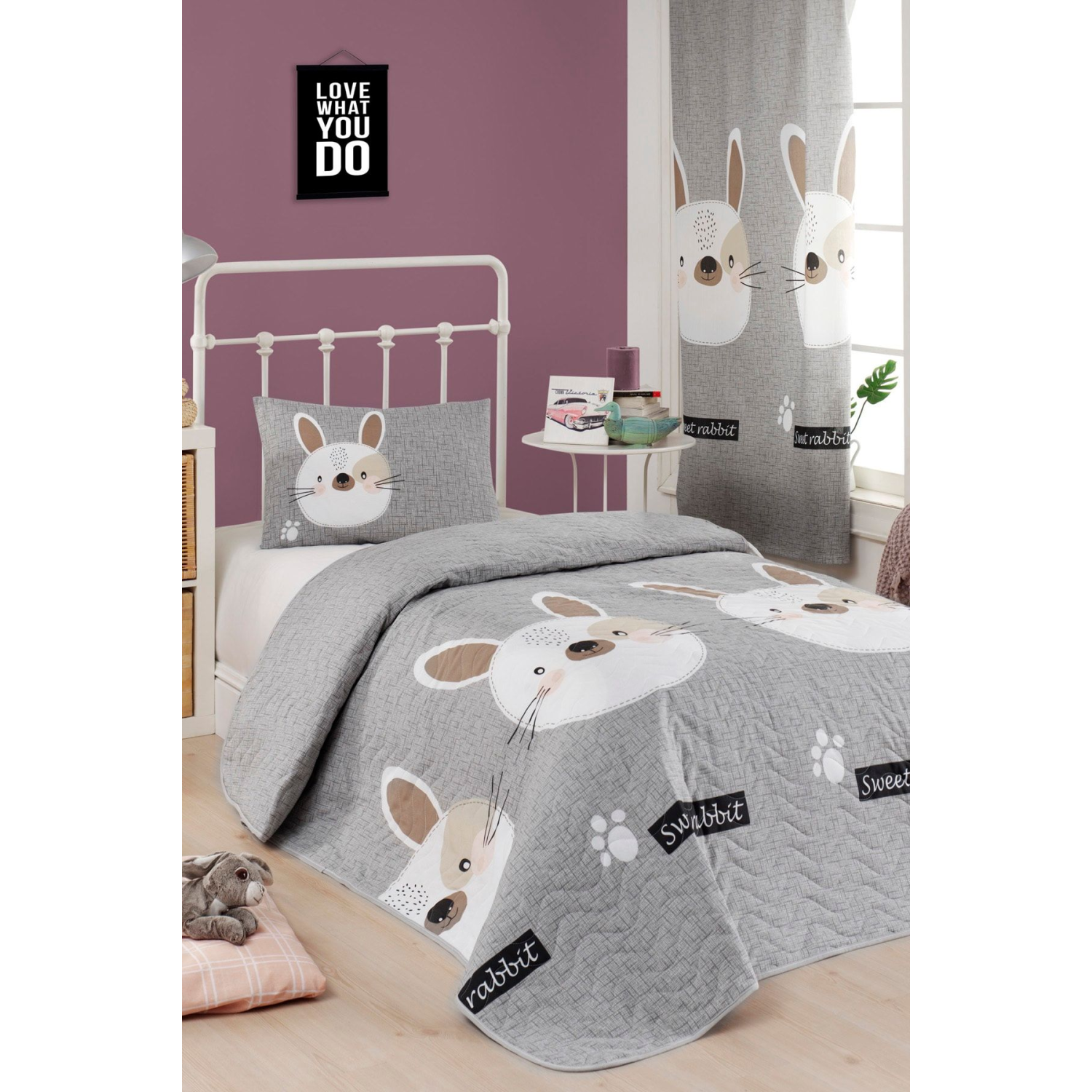 Kapitone Yatak Örtüsü Seti Tek Kişilik Tavşancık A.Kahve-Gri-Pembe