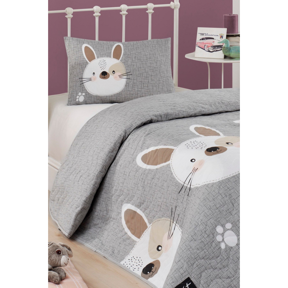 Kapitone Yatak Örtüsü Seti Tek Kişilik Tavşancık A.Kahve-Gri-Pembe