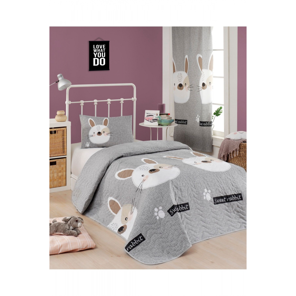 Kapitone Yatak Örtüsü Seti Tek Kişilik Tavşancık A.Kahve-Gri-Pembe