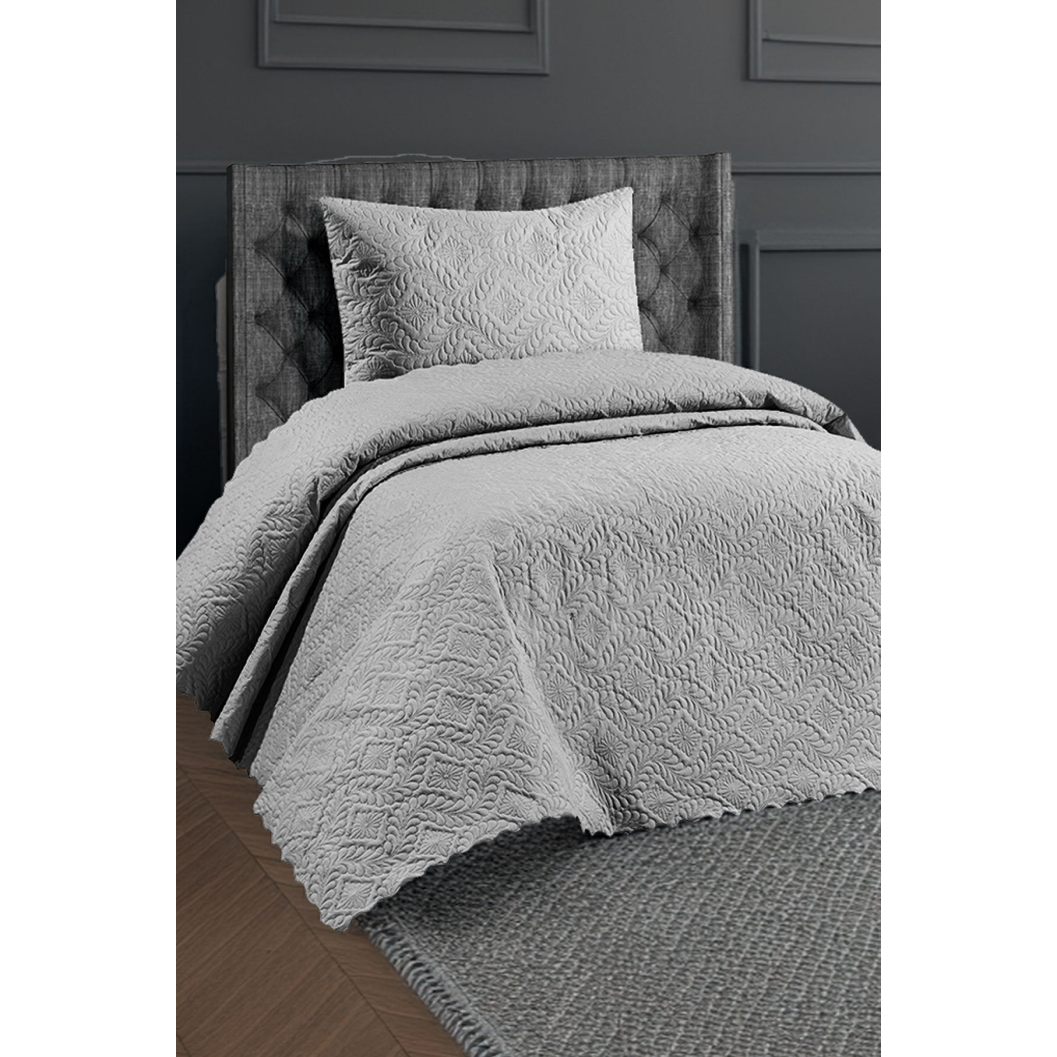 Kapitoneli Tek Kişilik Yatak Örtüsü Gri