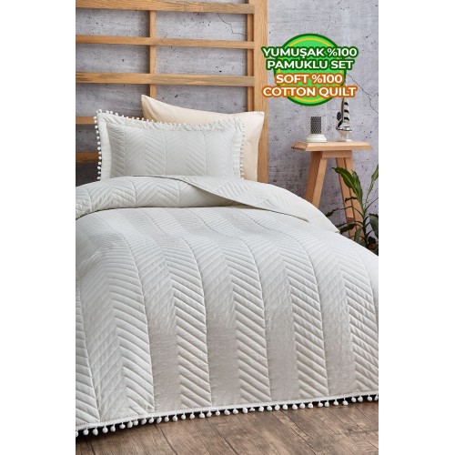 Ponponlu %100 Pamuk Tek Kişilik Günlük Yatak Örtüsü ( Pike ) Takımı Seti Krem / Kırık Beyaz