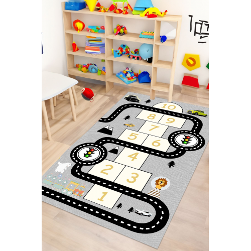 Dijital Kaymaz Yıkanabilir Araba Yollu Eğlenceli Eğitici Gri Çocuk Halısı Çocuk Oyun Halısı