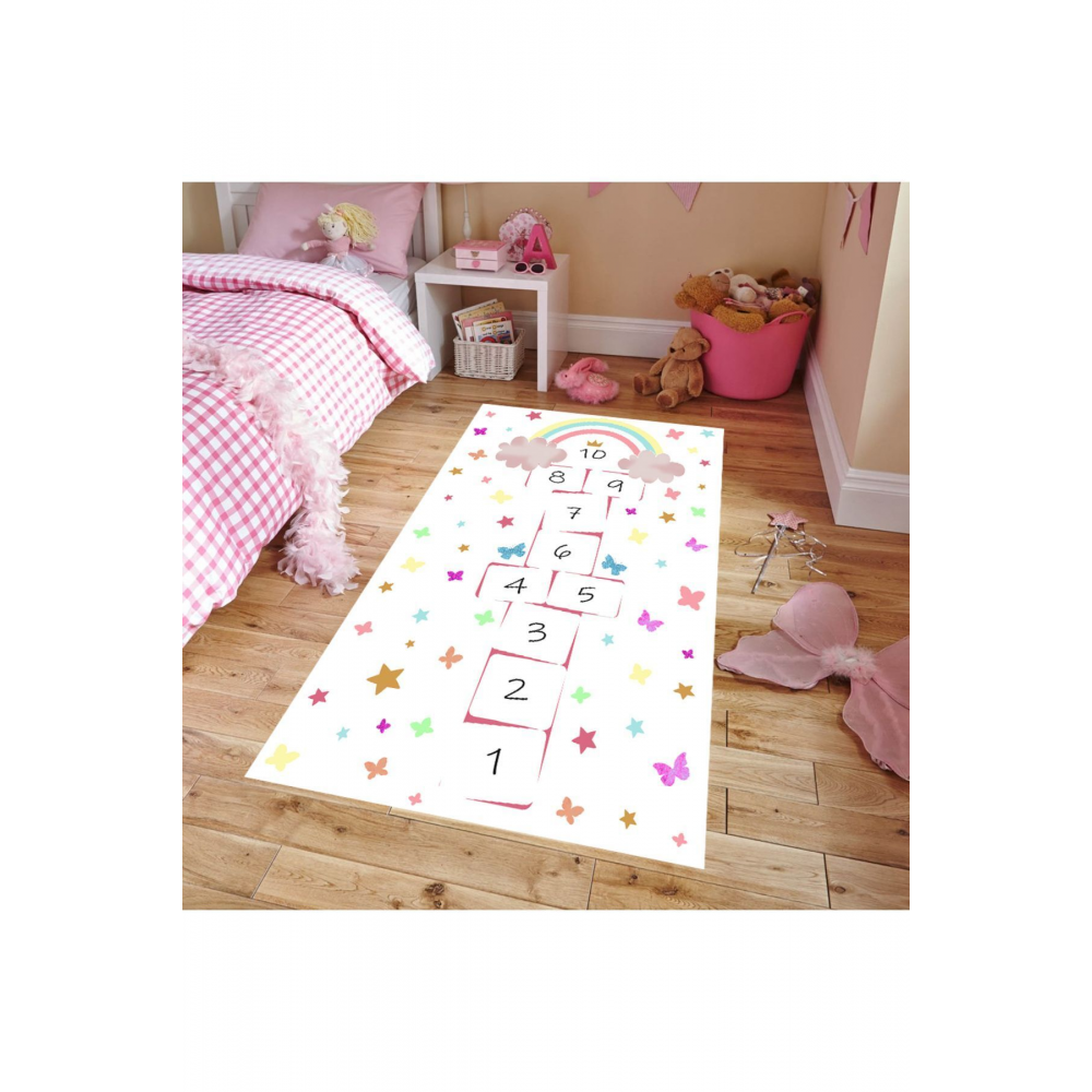 Kelebekli, Kaymaz Taban, Makinede Yıkanabilir Beyaz Seksek Desenli Çocuk Odası Halısı, Oyun Halısı