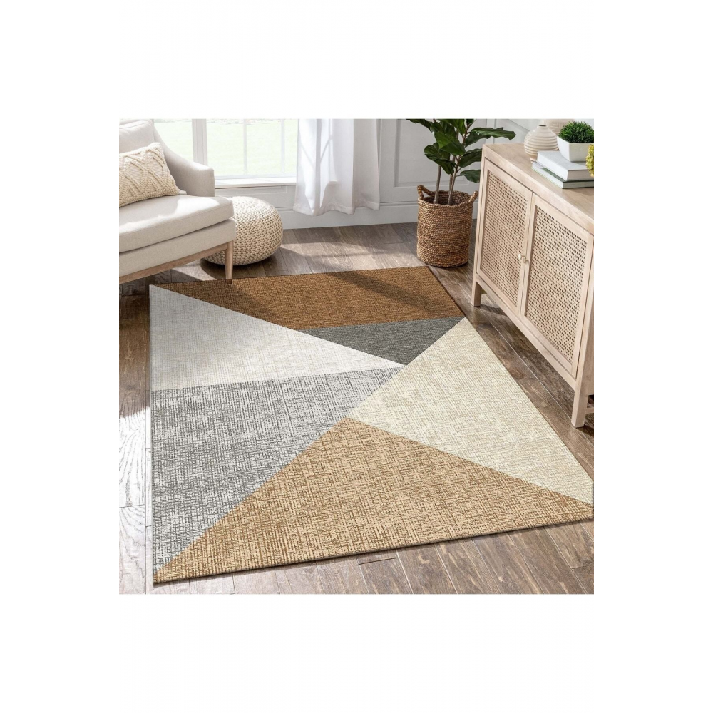 91-süngerli Kahveli Bejli Büyük Üçgen Gemotrik Desenli Kaymaz Lastikli Halı Örtüsü