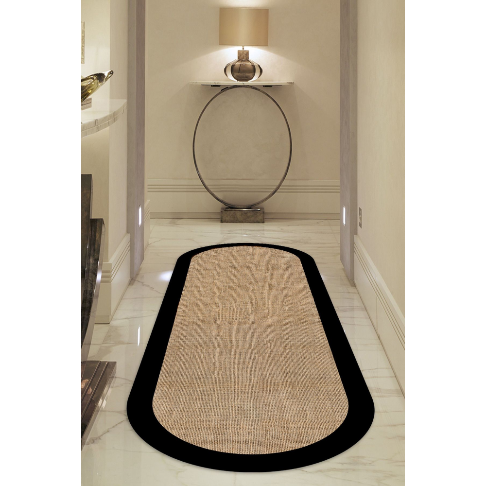 Dijital Kaymaz Yıkanabilir Siyah Jüt Görünümlü Oval Salon Halısı Mutfak Halısı Koridor Halısı Yolluk