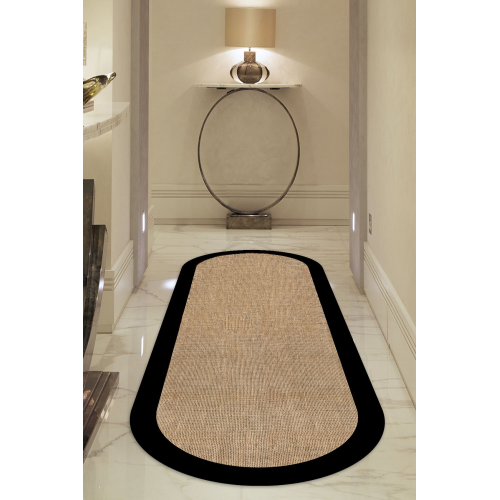 Dijital Kaymaz Yıkanabilir Siyah Jüt Görünümlü Oval Salon Halısı Mutfak Halısı Koridor Halısı Yolluk