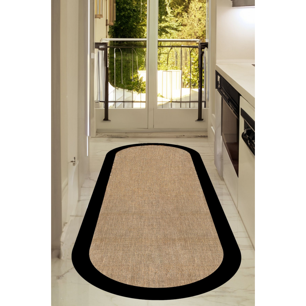 Dijital Kaymaz Yıkanabilir Siyah Jüt Görünümlü Oval Salon Halısı Mutfak Halısı Koridor Halısı Yolluk