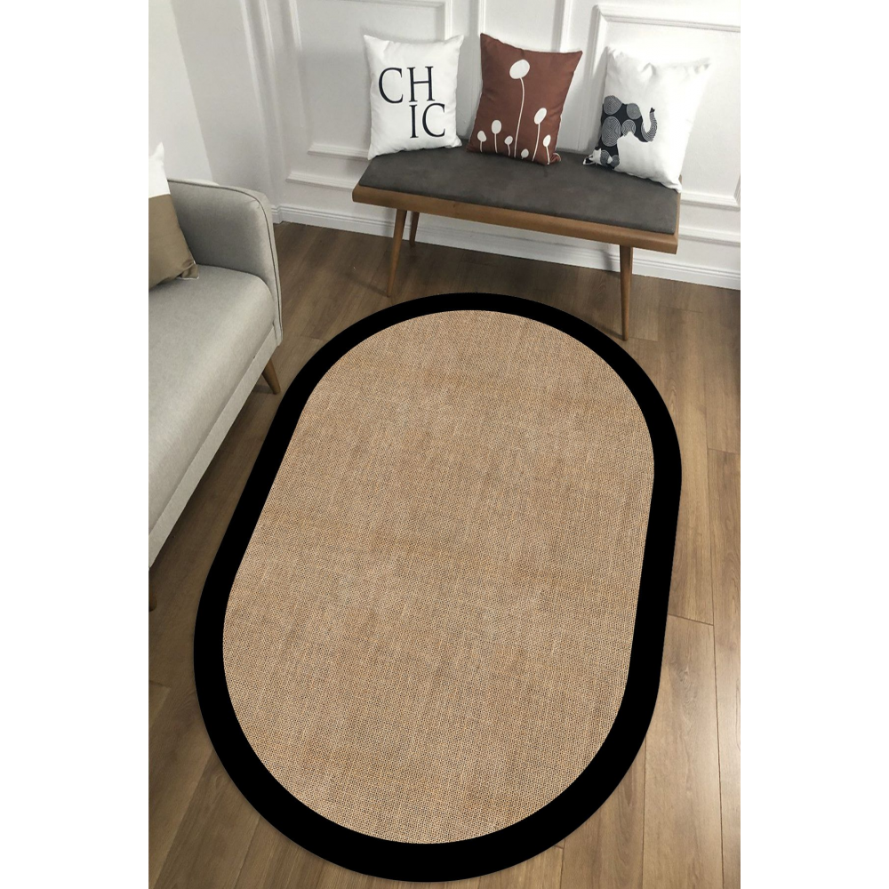 Dijital Kaymaz Yıkanabilir Siyah Jüt Görünümlü Oval Salon Halısı Mutfak Halısı Koridor Halısı Yolluk