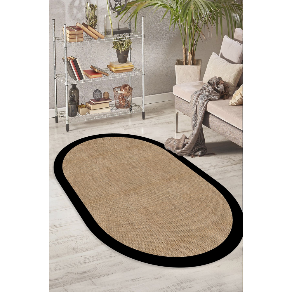Dijital Kaymaz Yıkanabilir Siyah Jüt Görünümlü Oval Salon Halısı Mutfak Halısı Koridor Halısı Yolluk