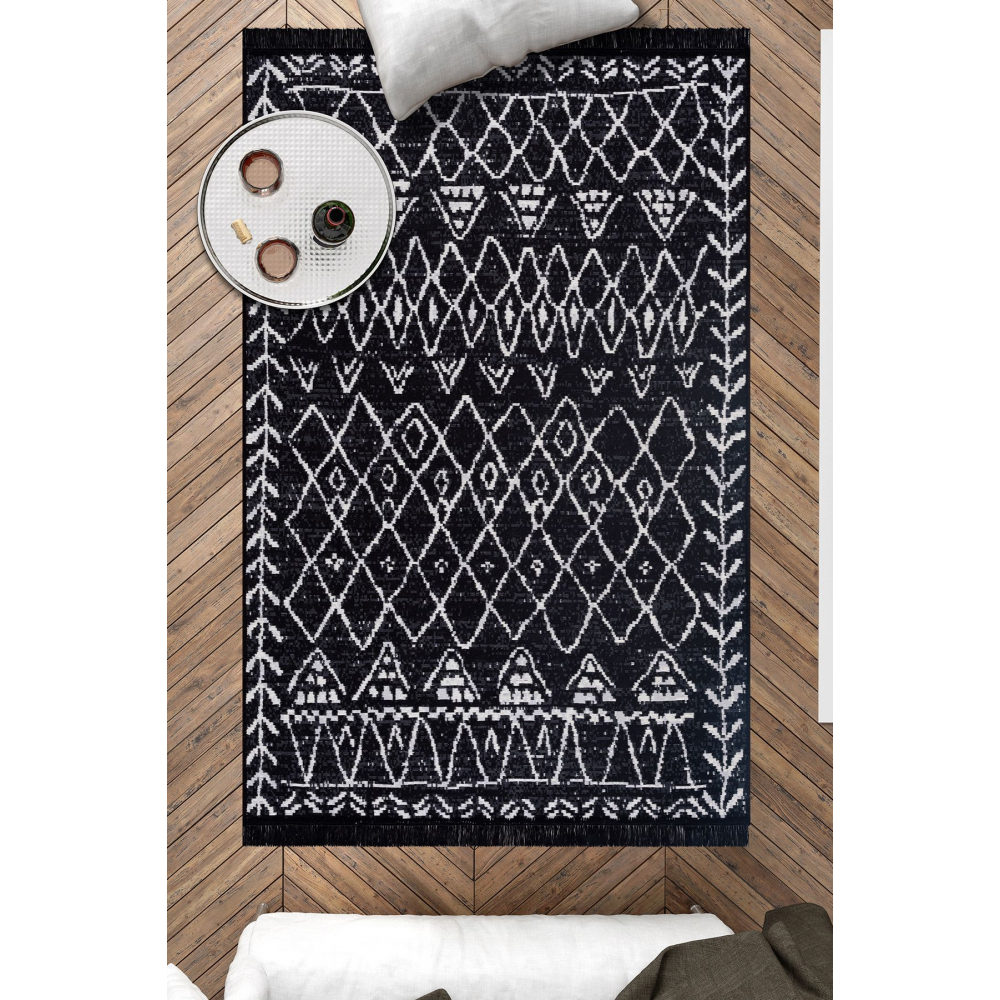 Siyah Mistik Serisi Çift Taraflı Yıkanabilir Pamuk Saçaklı Dokuma Dekoratif Kilim Halı