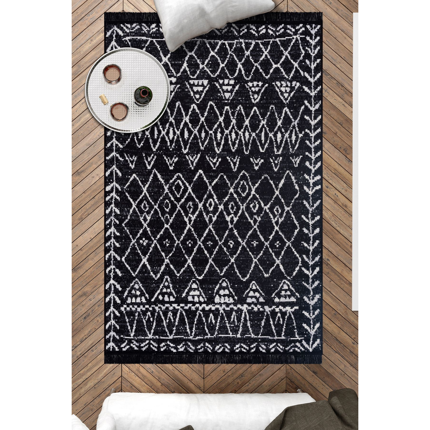 Siyah Mistik Serisi Çift Taraflı Yıkanabilir Pamuk Saçaklı Dokuma Dekoratif Kilim Halı