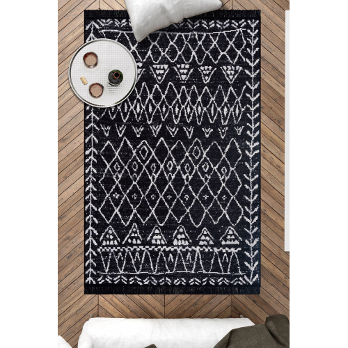 Siyah Mistik Serisi Çift Taraflı Yıkanabilir Pamuk Saçaklı Dokuma Dekoratif Kilim Halı