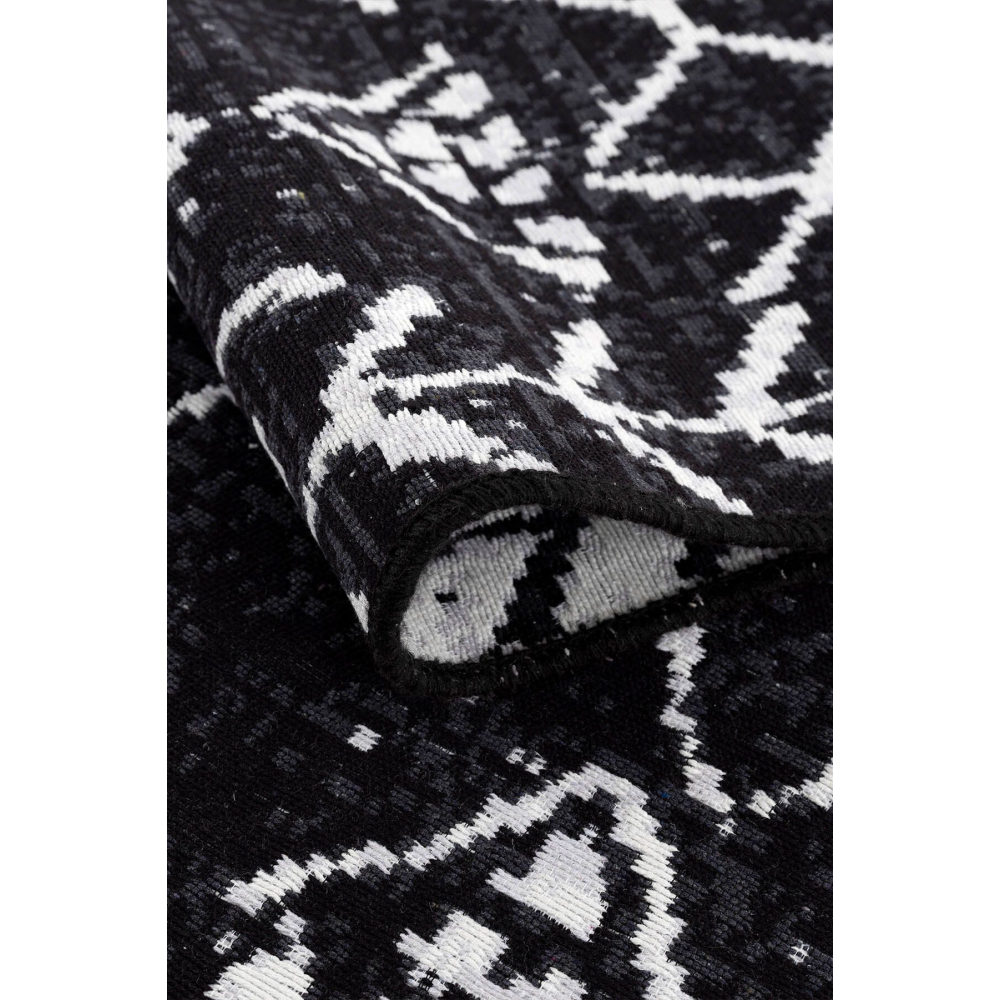 Siyah Mistik Serisi Çift Taraflı Yıkanabilir Pamuk Saçaklı Dokuma Dekoratif Kilim Halı