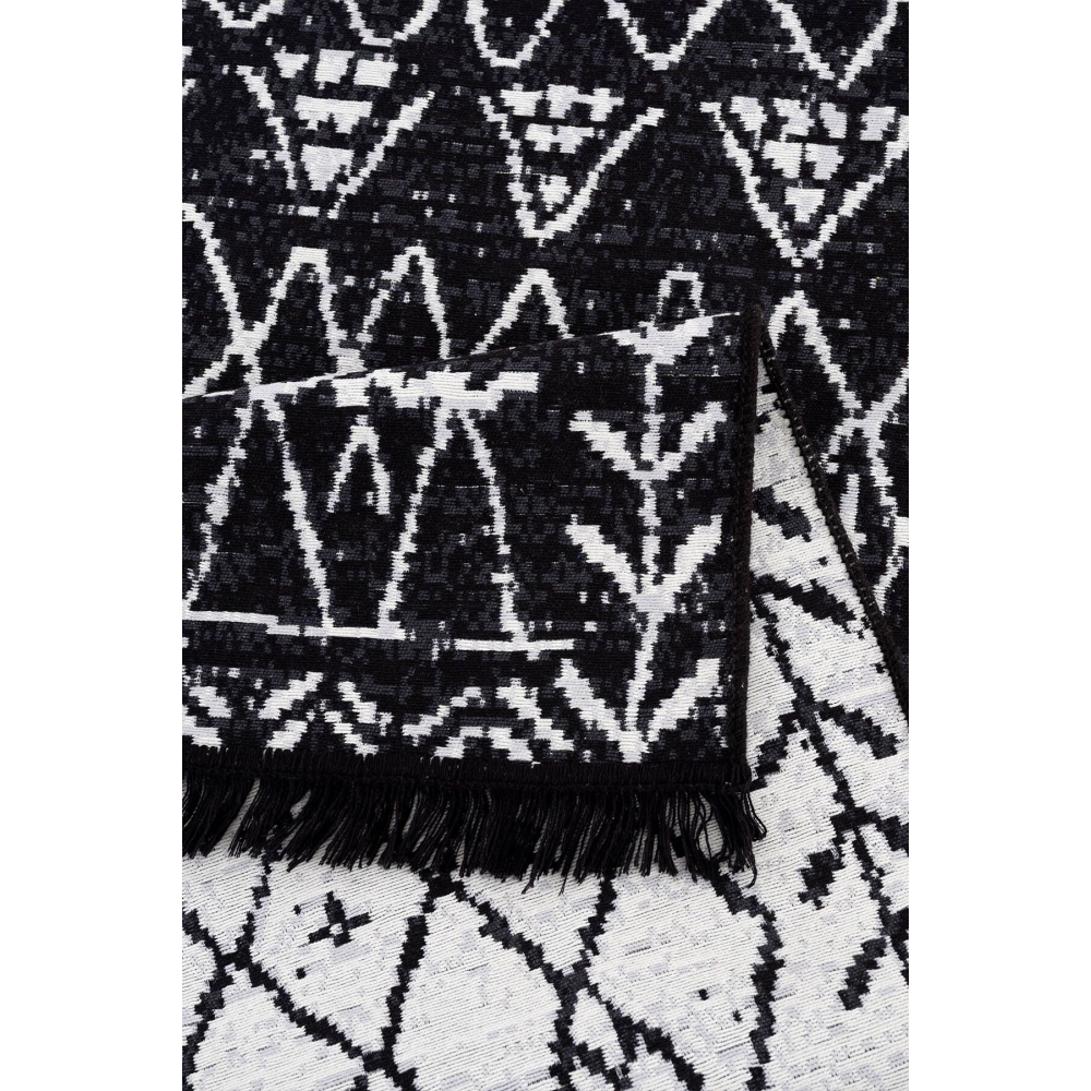 Siyah Mistik Serisi Çift Taraflı Yıkanabilir Pamuk Saçaklı Dokuma Dekoratif Kilim Halı