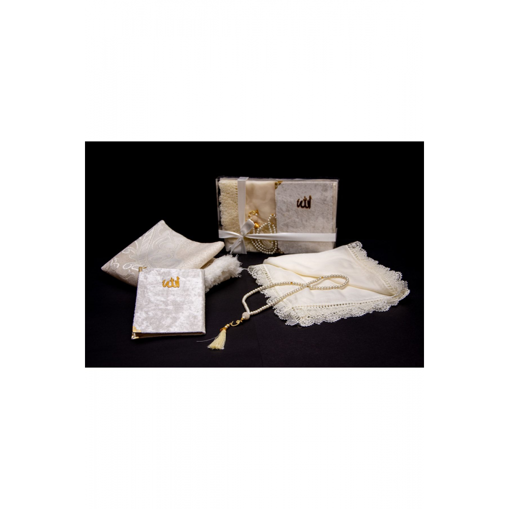 Çeyizlik, Hediyelik, 4'lü Gelin Bohçası Seti, Iğne Oyalı Namaz Örtüsü, Tafta Seccade, Yasin, Tesbih