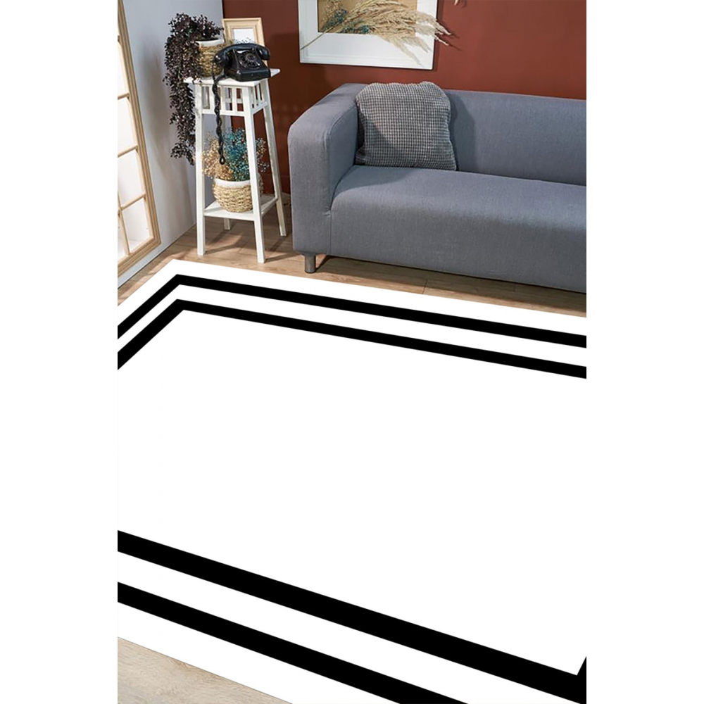 Beyaz Zemin Siyah Çerçeveli Yolluk, Koridor Halısı, Kaymaz Taban, Yıkanabilir Yolluk, Antre Halısı