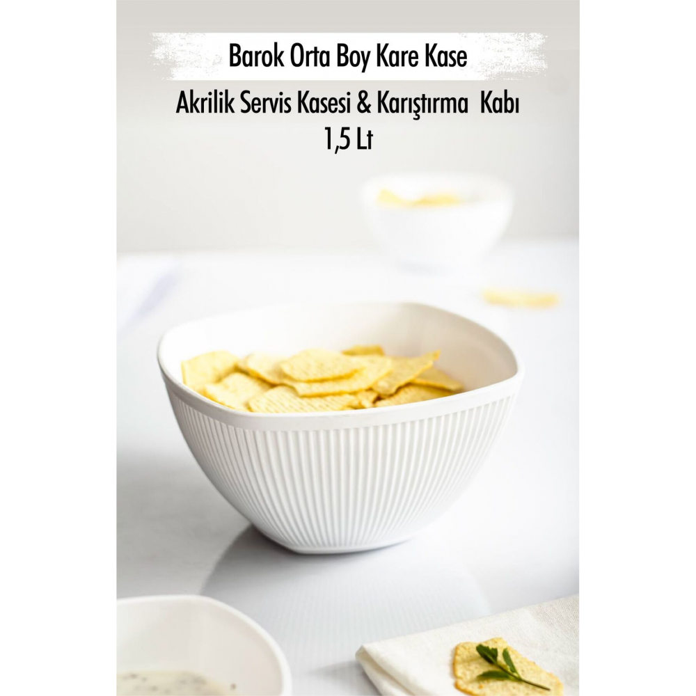 Akrilik Barok Beyaz Orta Boy Kare Meyve & Salata Kasesi & Karıştırma Kabı / 1,5 Lt  (CAM DEĞİLDİR)