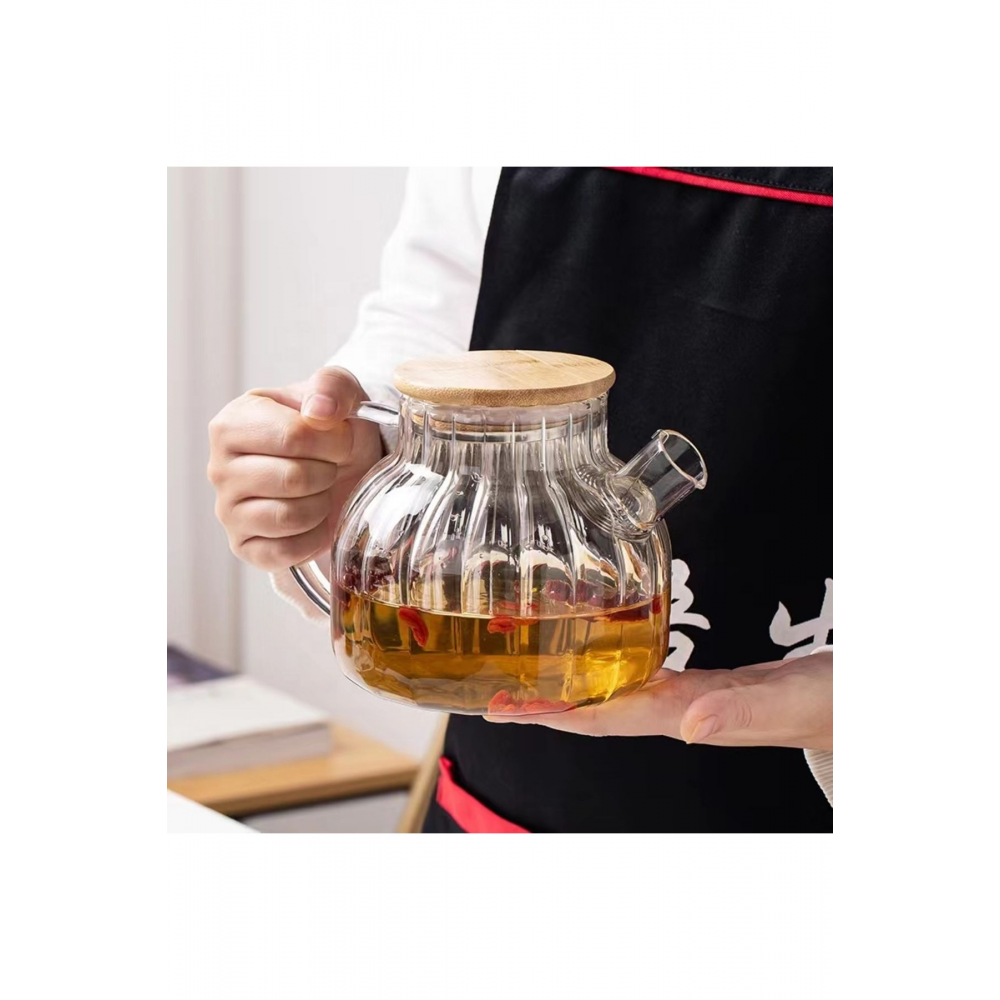 Bambu Zarafeti, Dilimli Model 1000 ml Süzgeçli Cam Demlik Bitki Çayları ,Borosilikat , Sürahi