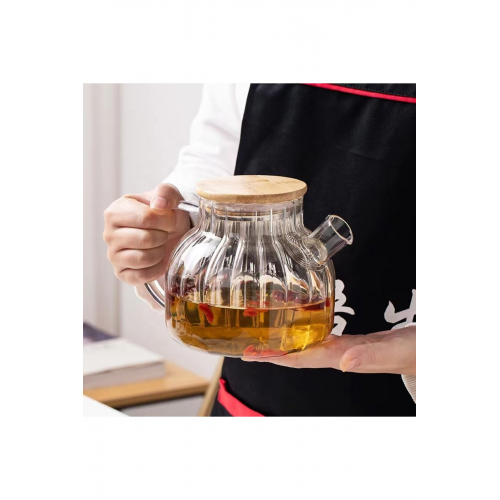 Bambu Zarafeti, Dilimli Model 1000 ml Süzgeçli Cam Demlik Bitki Çayları ,Borosilikat , Sürahi