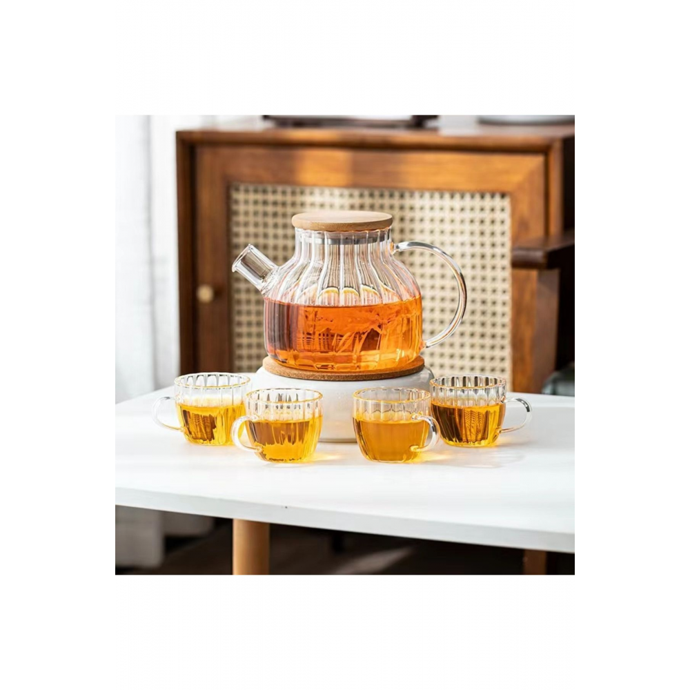 Bambu Zarafeti, Dilimli Model 1000 ml Süzgeçli Cam Demlik Bitki Çayları ,Borosilikat , Sürahi