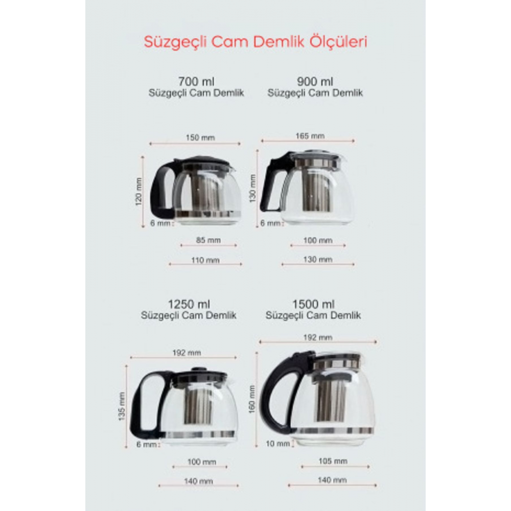 Luca Süzgeçli Siyah Kulplu Cam Çaycı Demliği 900 ml