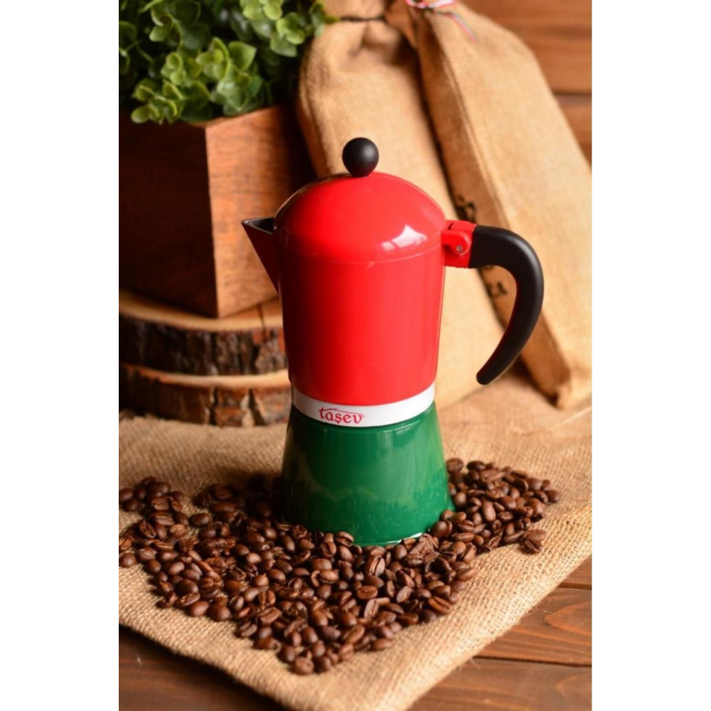 Taşev T1197 Adamo Moka Pot 6 Fincan Kırmızı&yeşil