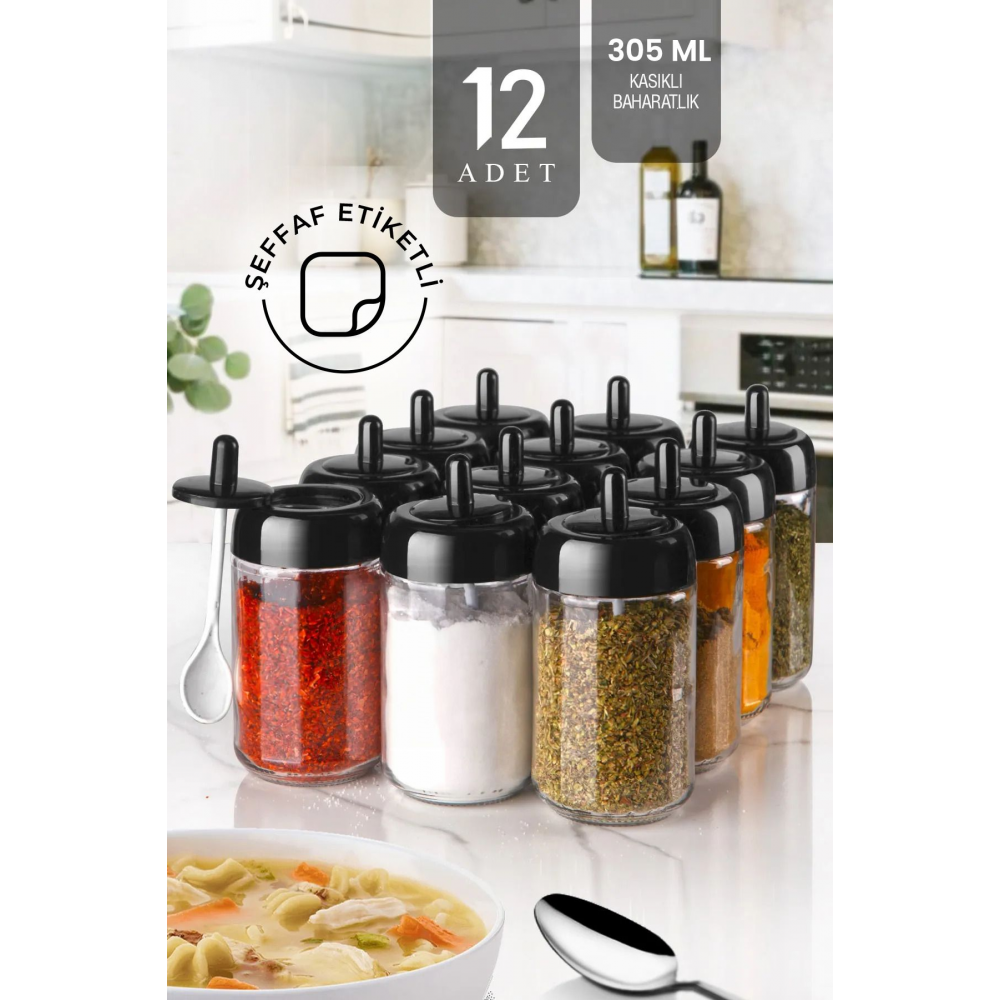 12 Adet Kapağı Kendinden Kaşıklı Ve Etiketli Baharatlık Seti 305 ml Etiketli Cam Baharat Takımı