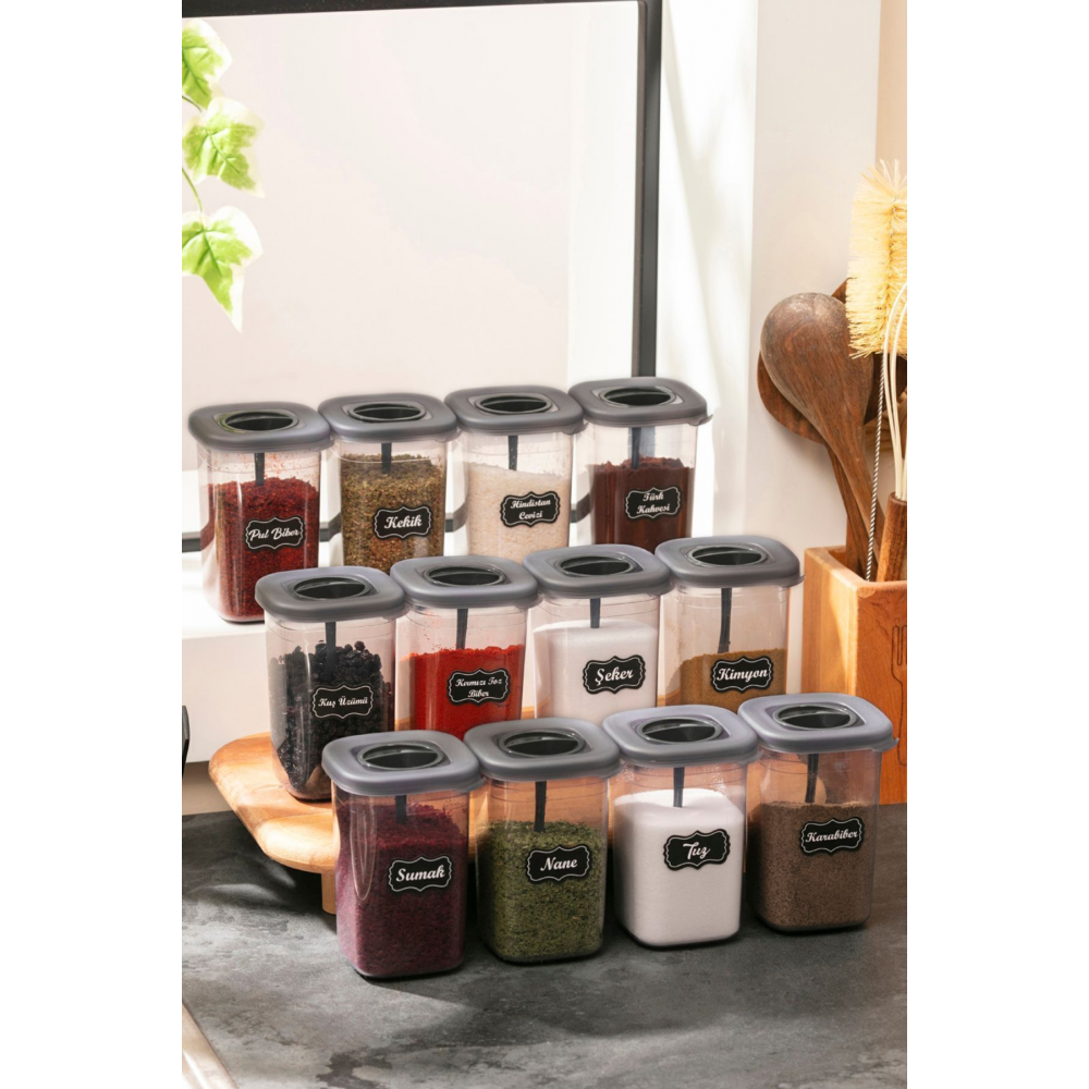 12'li 450ml Etiketli Ve Kilitlenebilir Kapaklı Kendinden Kaşıklı Baharatlık Seti - Etiket Hediye