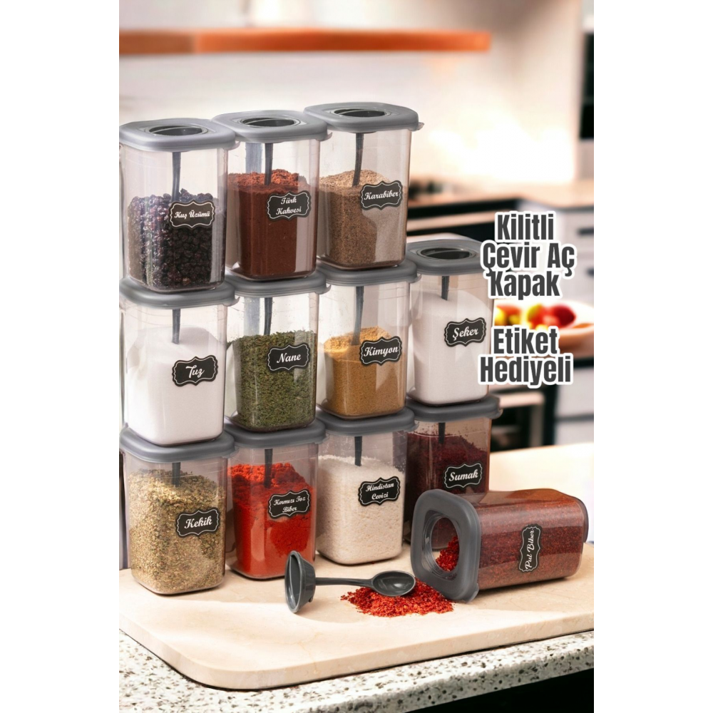 12'li 450ml Etiketli Ve Kilitlenebilir Kapaklı Kendinden Kaşıklı Baharatlık Seti - Etiket Hediye