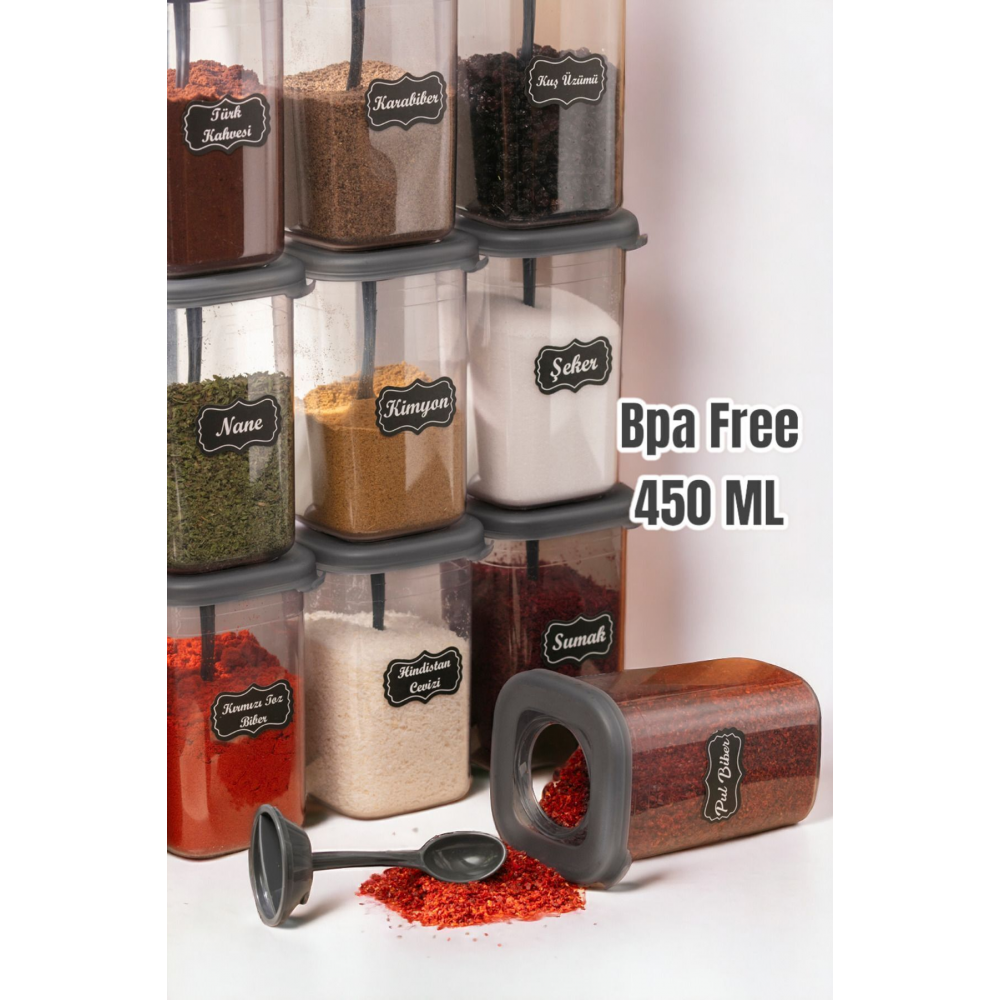 12'li 450ml Etiketli Ve Kilitlenebilir Kapaklı Kendinden Kaşıklı Baharatlık Seti - Etiket Hediye