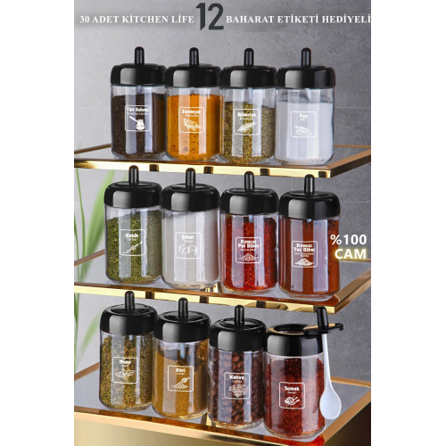 12'li Kapağı Kendinden Kaşıklı Ve Etiketli Baharatlık Seti 300 ml Cam Baharat Takımı