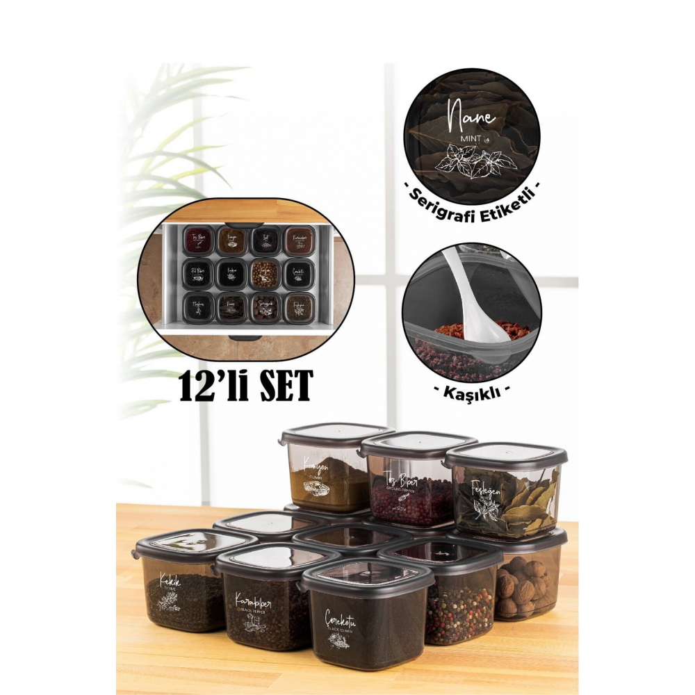 Beyaz Serigrafi Etiketli Kaşıklı 12li Peggy Erzak Saklama Kabı 0,55 Litre Baharatlık Antrasit