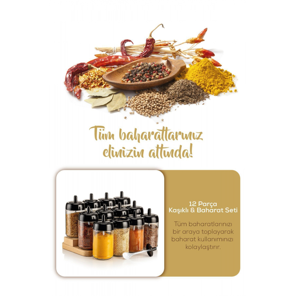 Kendinden Kaşıklı Etiketli 12'li Uzun Baharat Seti - Cam