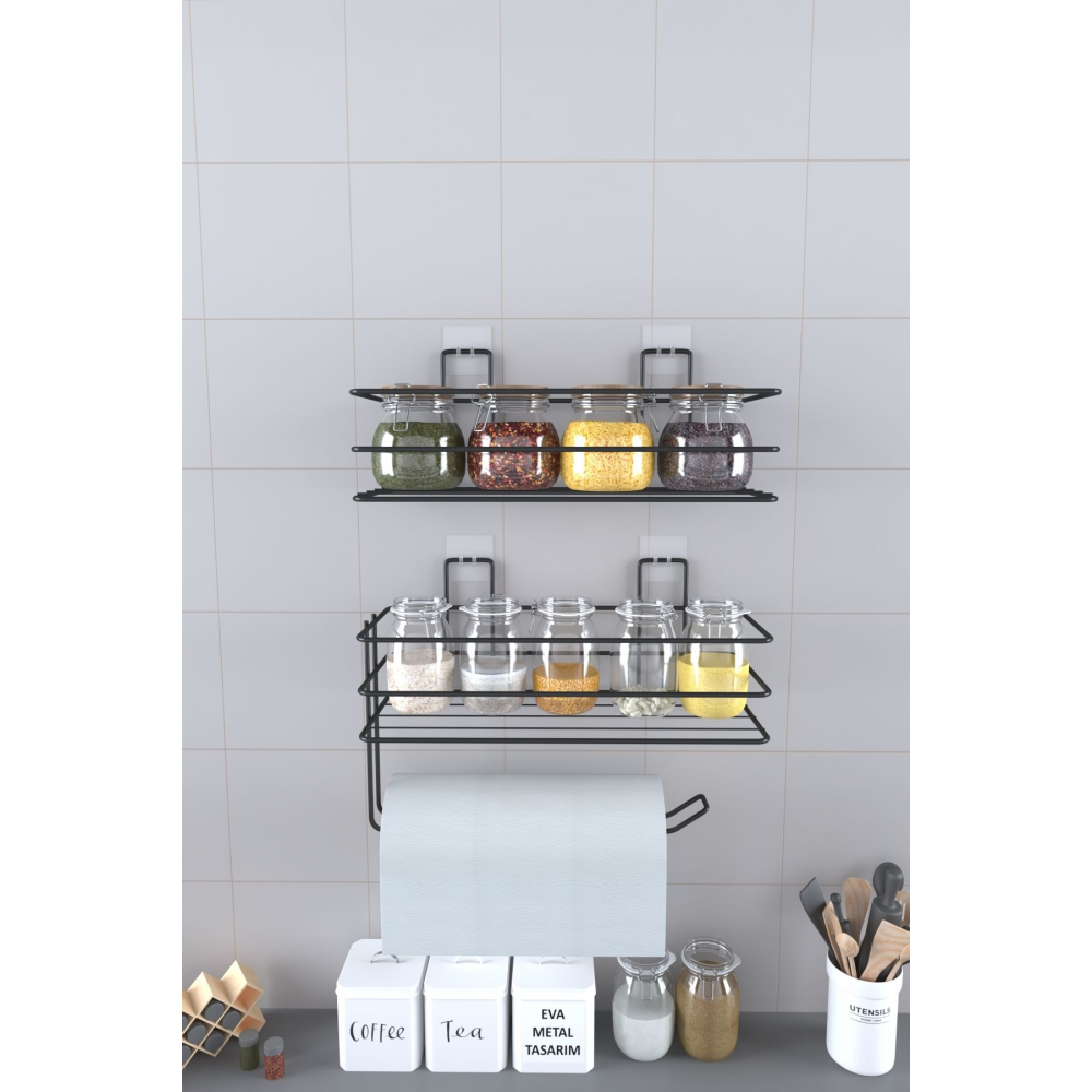 Yapışkanlı Baharatlık 2 Li Metal Kağıt Havluluk Siyah Baharat Standı Mutfak Rafı