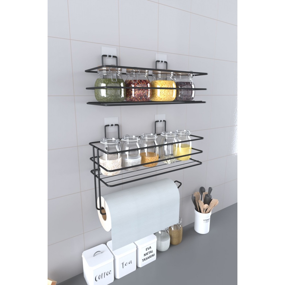 Yapışkanlı Baharatlık 2 Li Metal Kağıt Havluluk Siyah Baharat Standı Mutfak Rafı