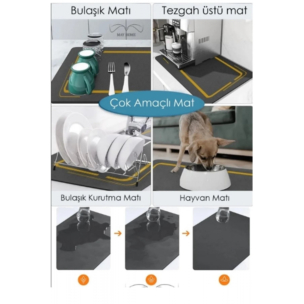 Bulaşık Kurutma Örtüsü Siyah Tezgah Üstü Bulaşık Matı Süper Emici Bulaşıklık