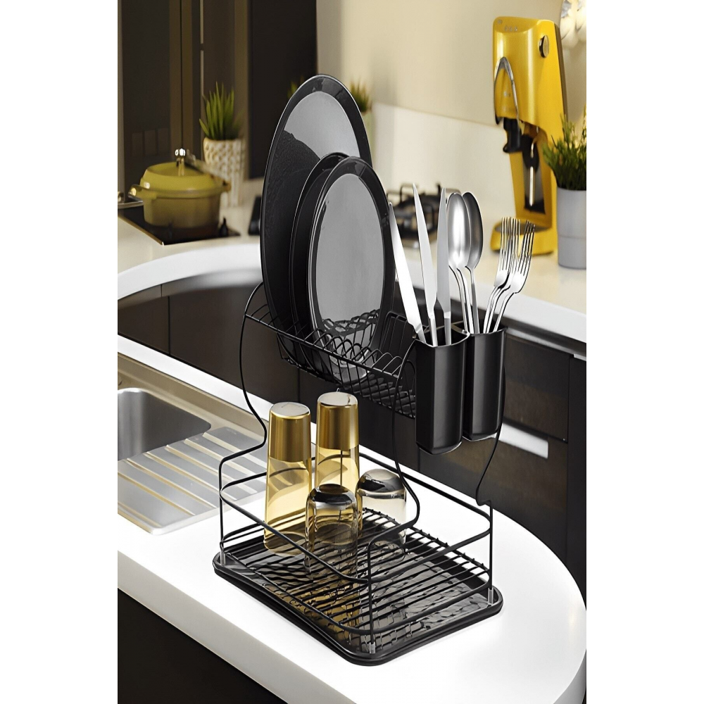 Ömür Boyu Paslanmaz Bulaşıklık Bulaşık Sepeti Ikili Tabaklık Termo Plastik Kaplama Siyah